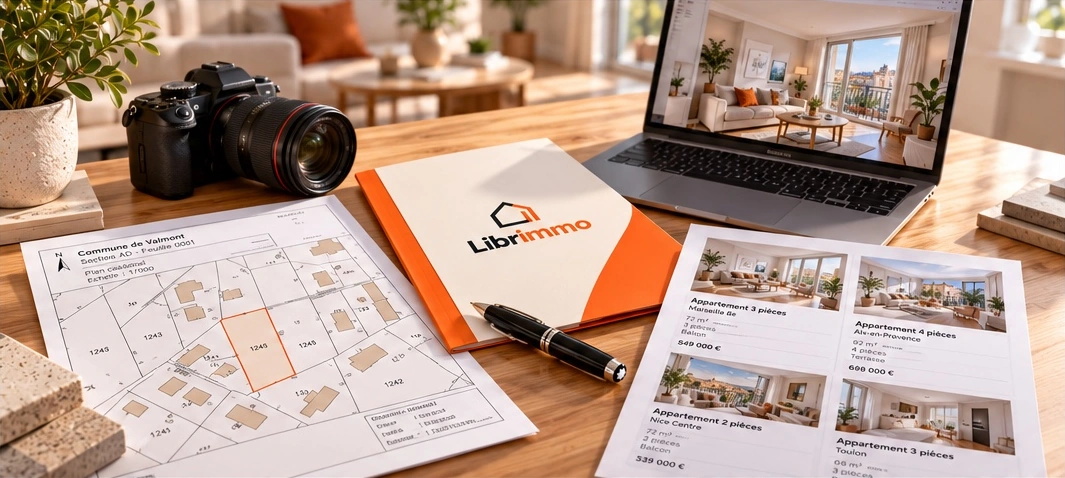 Sur un bureau : appareil photo, plan cadastral, ordinateur montrant un appartement, annonces et pochette Librimmo.