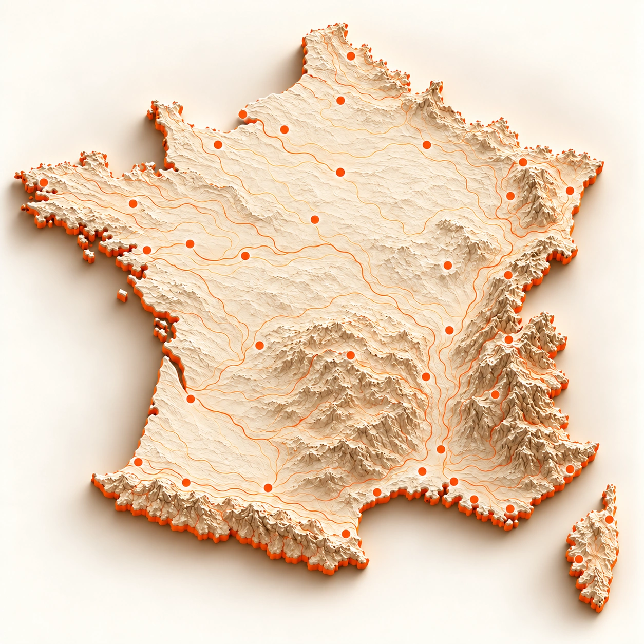 Carte de France en relief beige, aux contours orange Librimmo, avec des points orange pour les principales grandes villes.