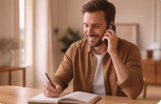 Conseiller Librimmo souriant au téléphone, prenant des notes