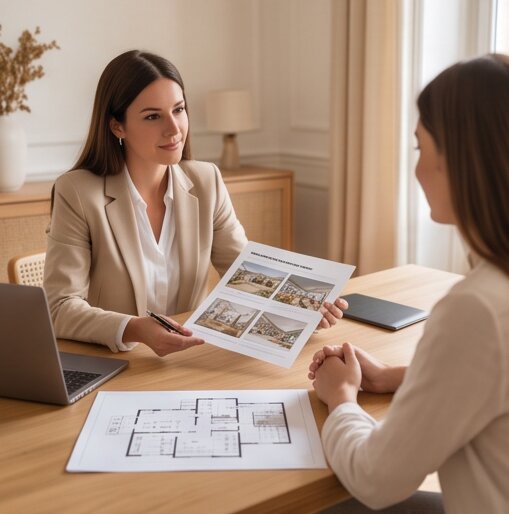 Conseillère présentant un avis de valeur à une propriétaire