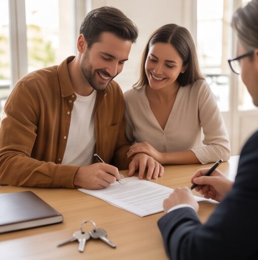 Couple signant l'acte de vente chez le notaire