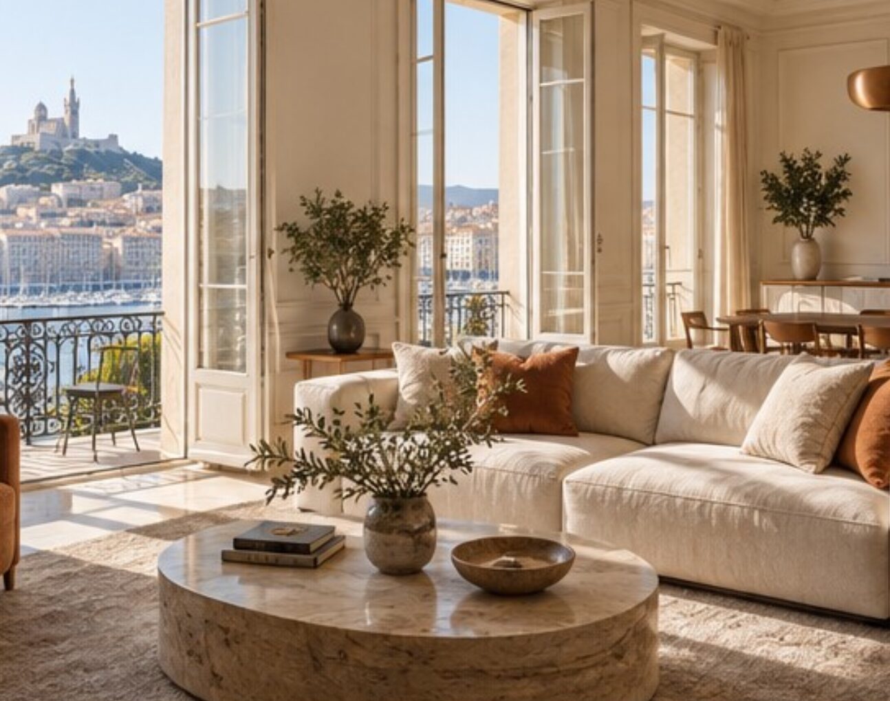 Salon lumineux d'un appartement avec vue sur le Vieux-Port et Notre-Dame-de-la-Garde à Marseille